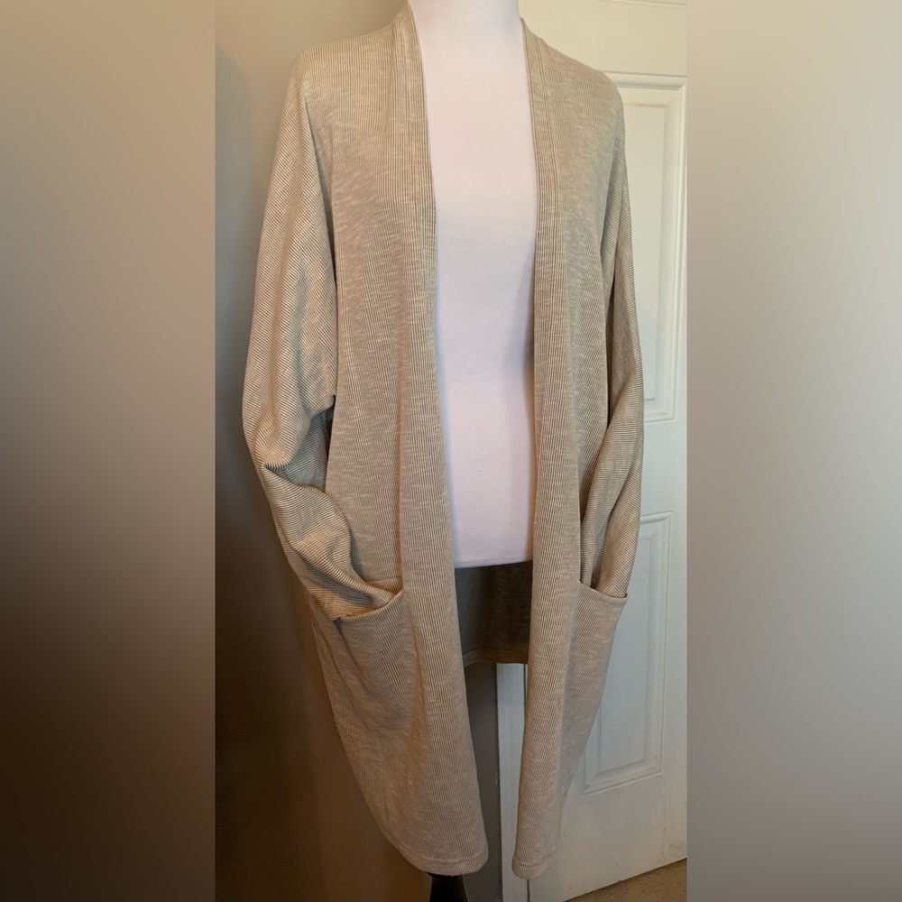 DONNI Anthro striped-ribbed knit cardi w/long dolmen cut sleeves & open pkts